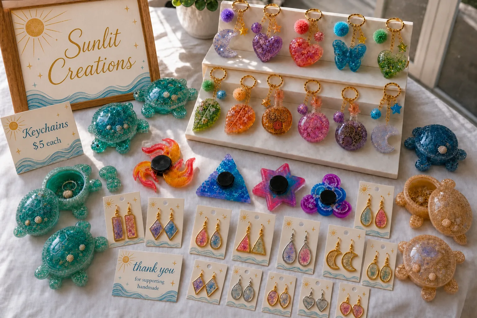 Sunlit Creations handmade resin keychains earrings turtle boxes and coastal resin display